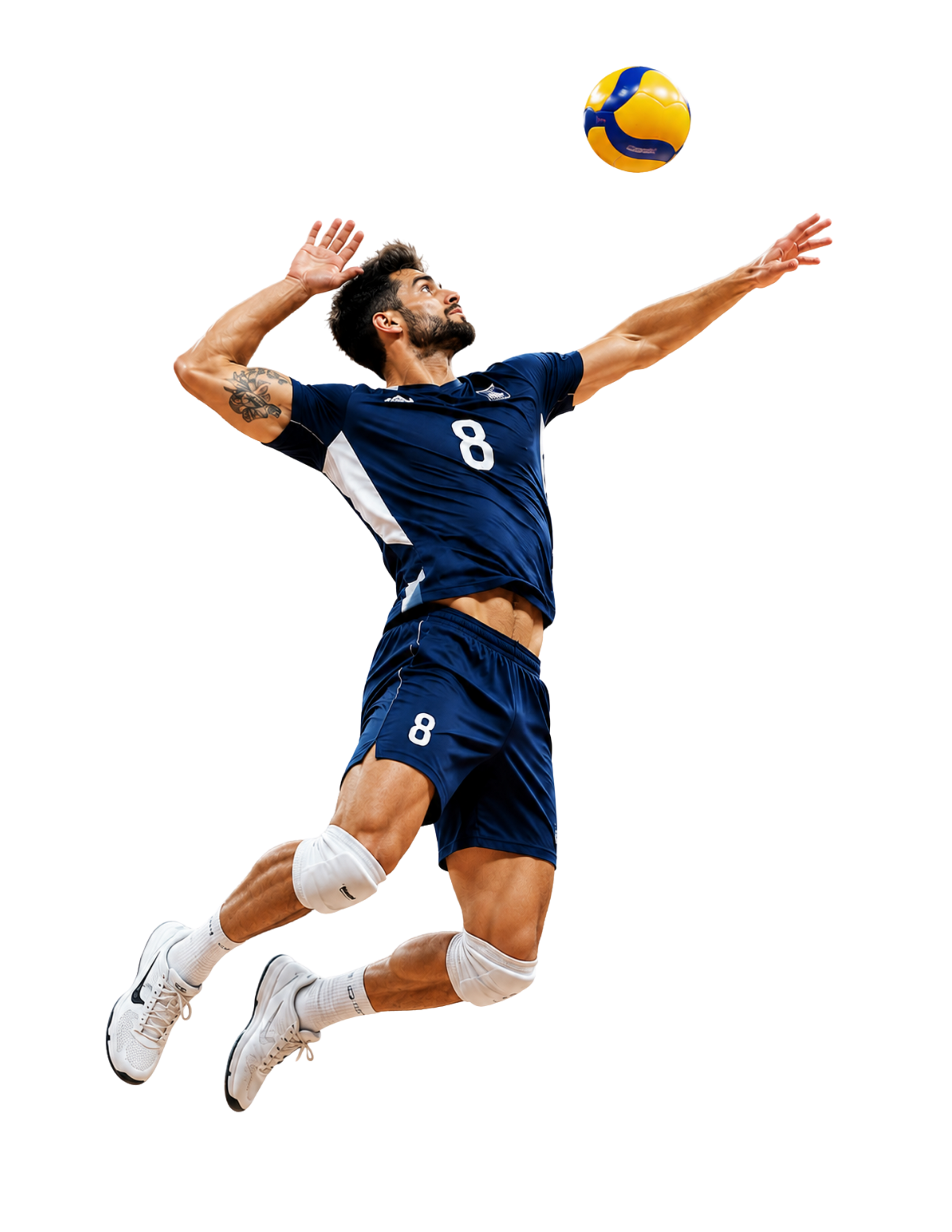 Jogador de vôlei saltando para atacar a bola