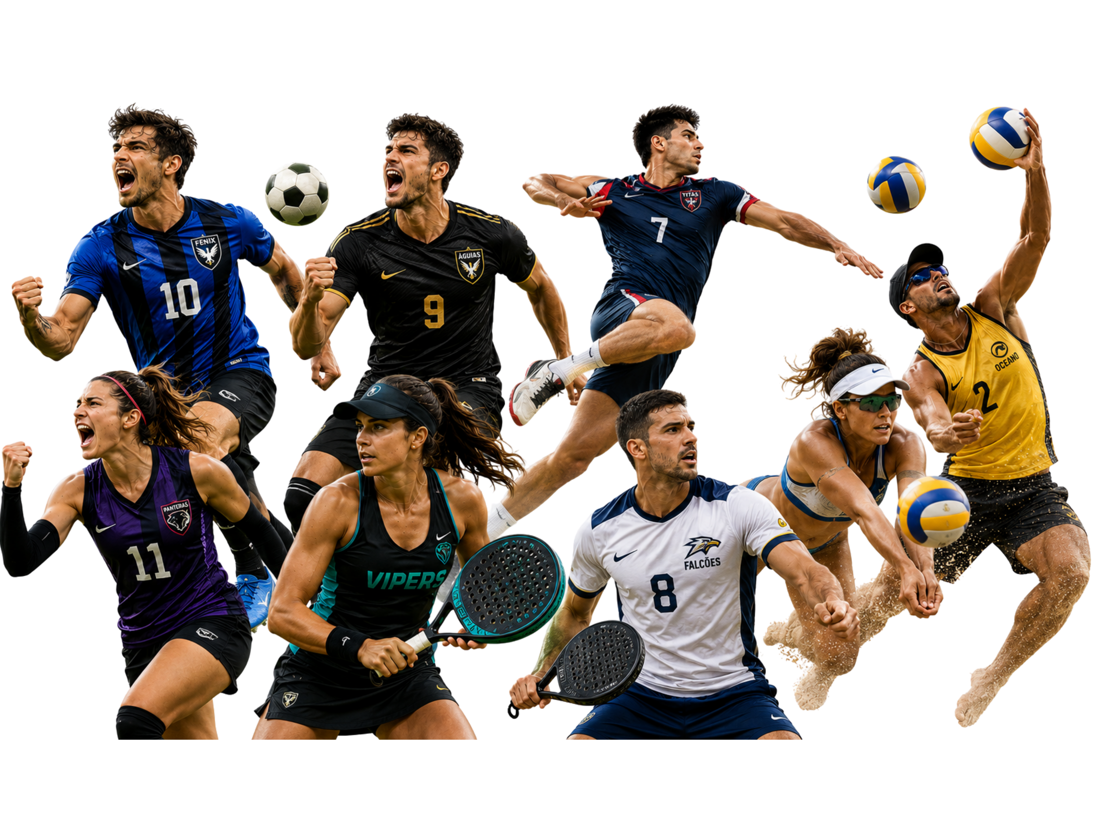 Atletas de futebol, vôlei e beach tennis em ação