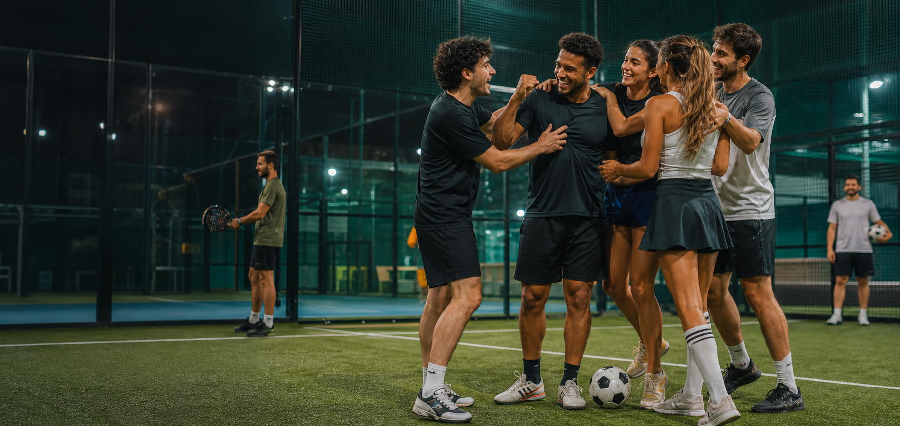 Jogadores comemorando em uma quadra esportiva
